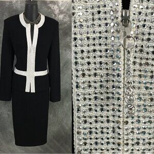 BEAUTIFUL St John evening knit black white rhinestones embellished skirt suit 8